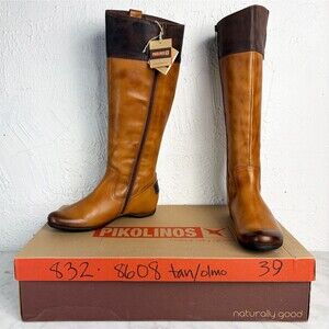 Pikolinos Riding Boots Women's 8.5/39 Knee High Tan/Dark Brown Leather Side Zip